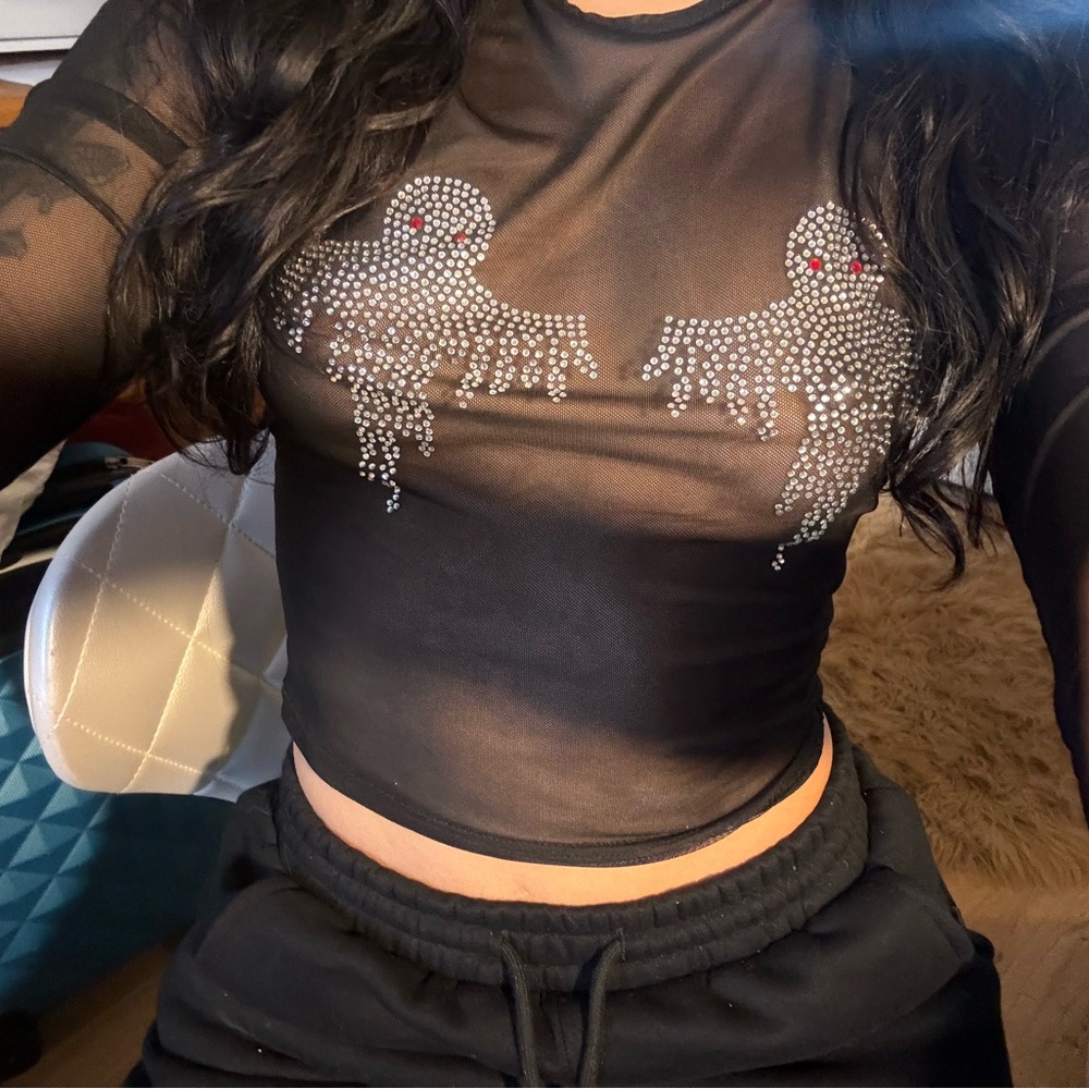 Spooky Season Black Sheer Rhinestone ghost Top